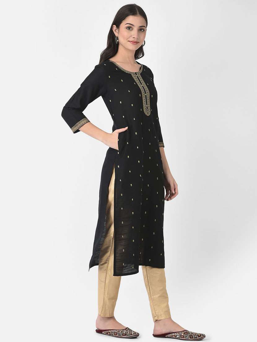 women embroidered three quarter sleeve straight kurta - 22146778 -  Standard Image - 2