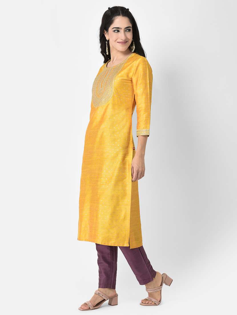 women embroidered three quarter sleeve straight kurta - 22146784 -  Standard Image - 2