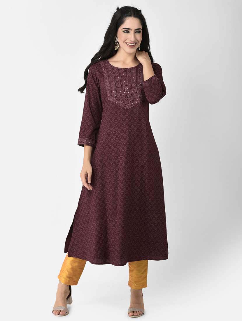 women embroidered three quarter sleeve a-line kurta - 22146787 -  Standard Image - 2