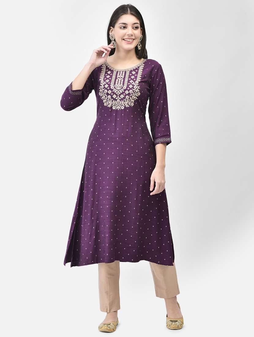 women printed three quarter sleeve a-line kurta