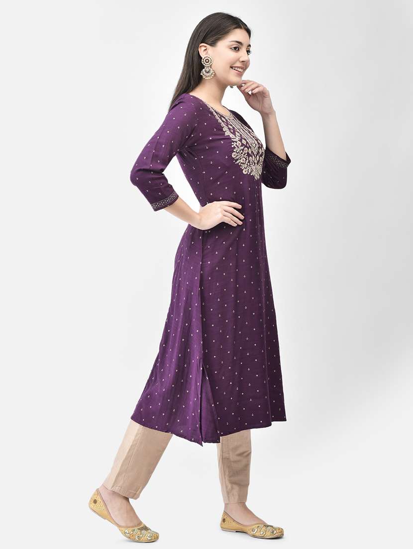 women printed three quarter sleeve a-line kurta - 22146796 -  Standard Image - 2