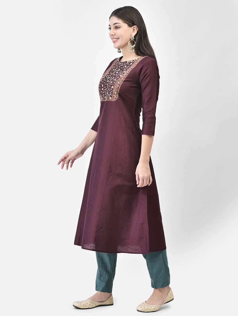 women embroidered three quarter sleeve a-line kurta - 22146797 -  Standard Image - 2