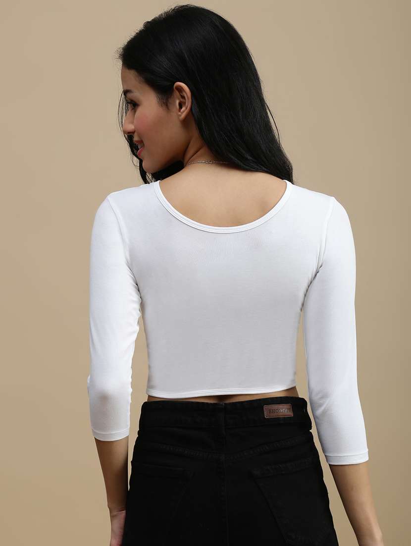 women solid three quarter sleeve crop top - 22146879 -  Standard Image - 2