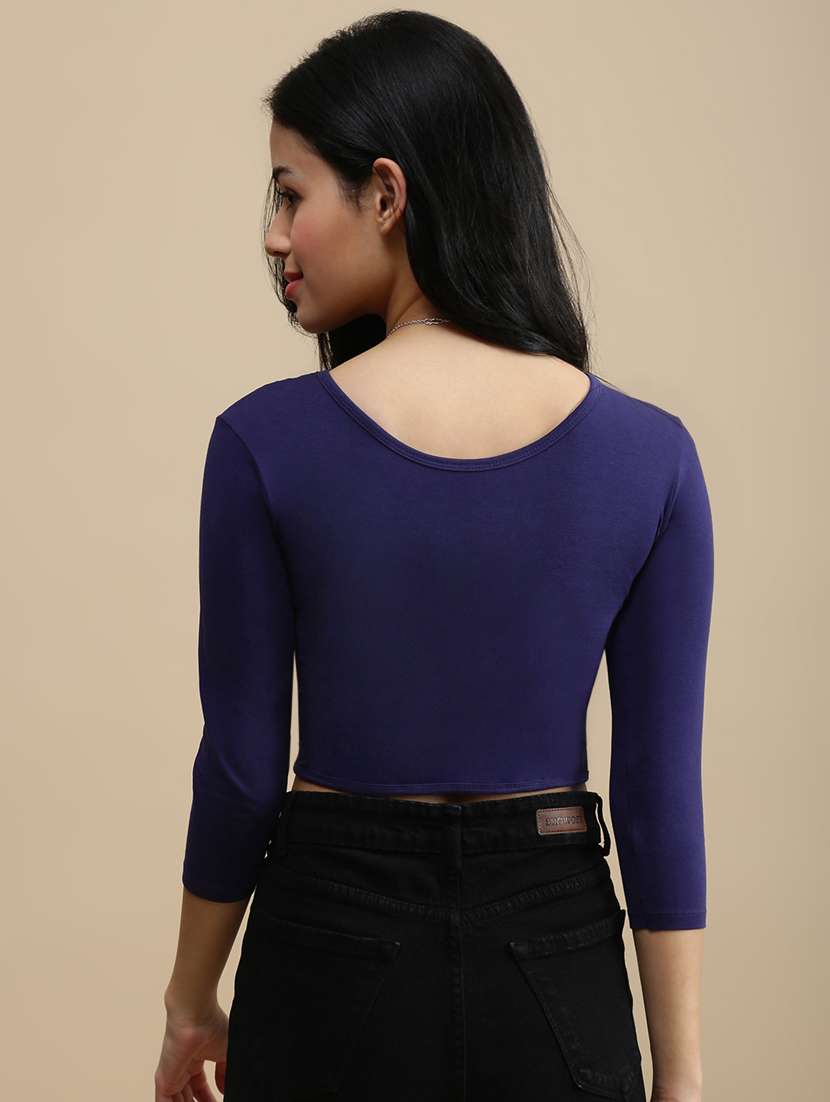 women solid three quarter sleeve crop top - 22146880 -  Standard Image - 2