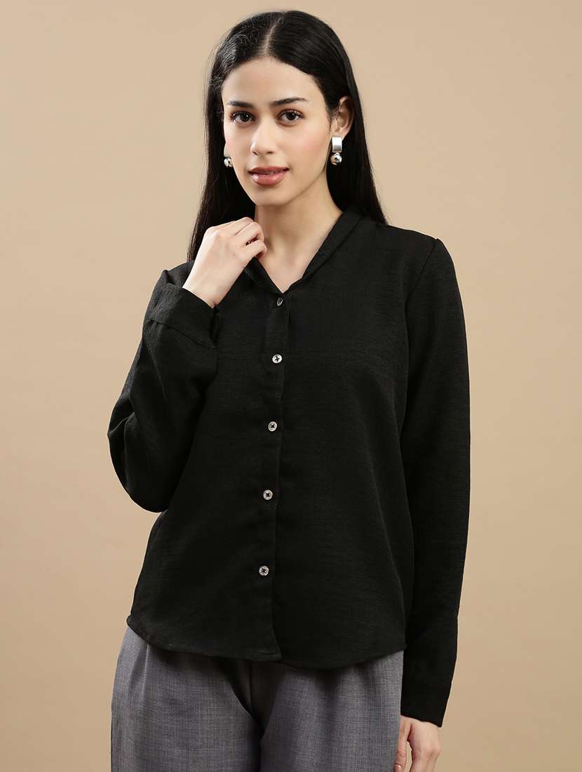 women solid collared long sleeve top