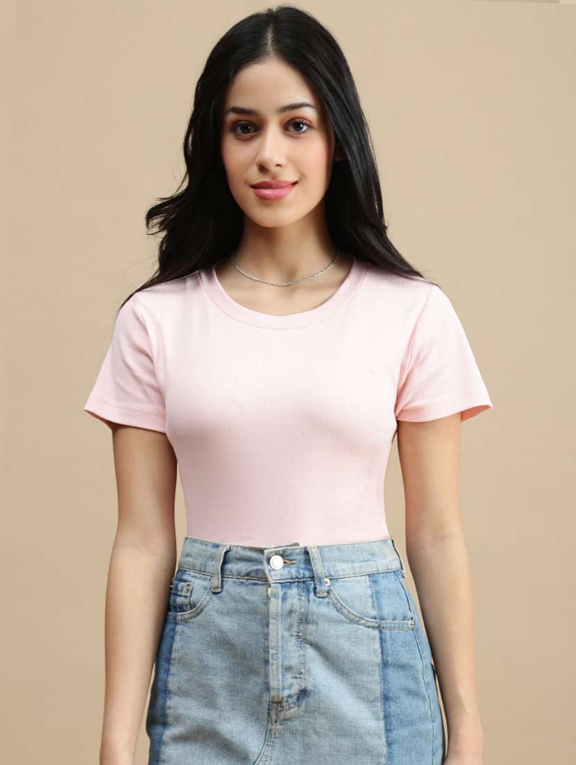 women pink solid shorts sleeve top