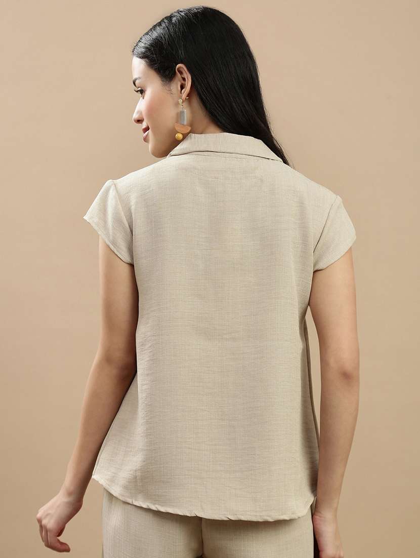 women solid collared short sleeve shirt - 22146904 -  Standard Image - 2