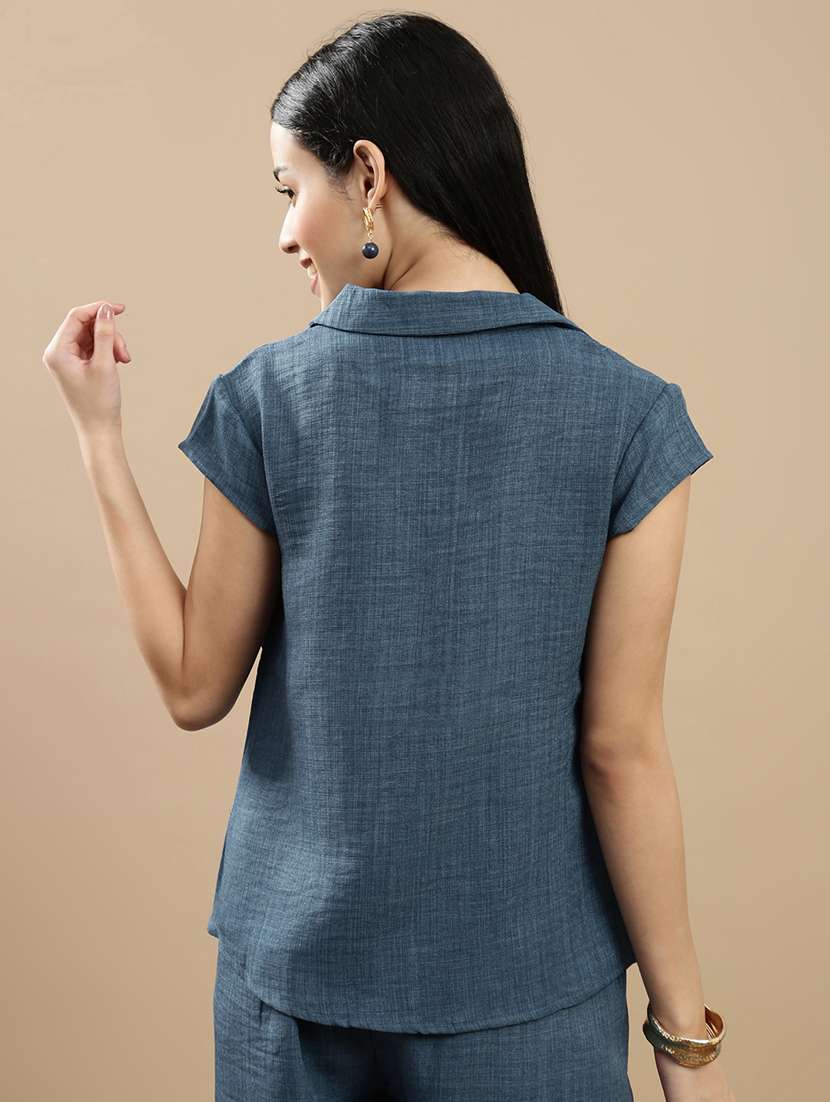 women solid collared short sleeve shirt - 22146905 -  Standard Image - 2