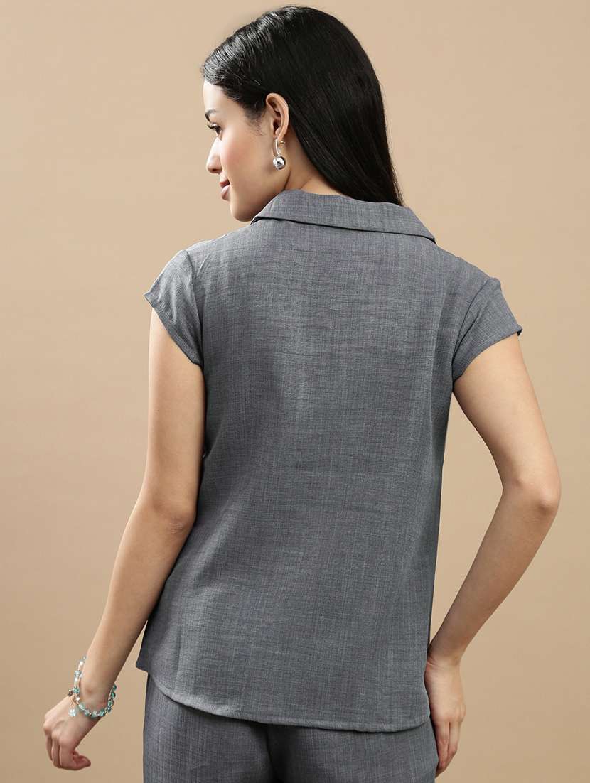 women solid collared short sleeve shirt - 22146906 -  Standard Image - 2