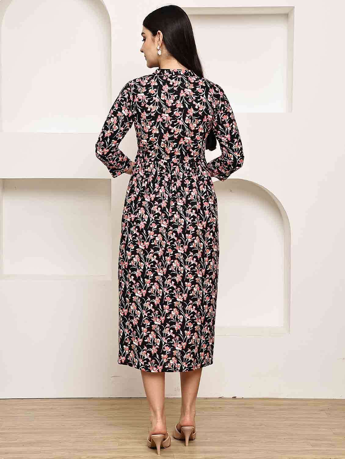 women printed three quarter sleeve a-line dress - 22146919 -  Standard Image - 2