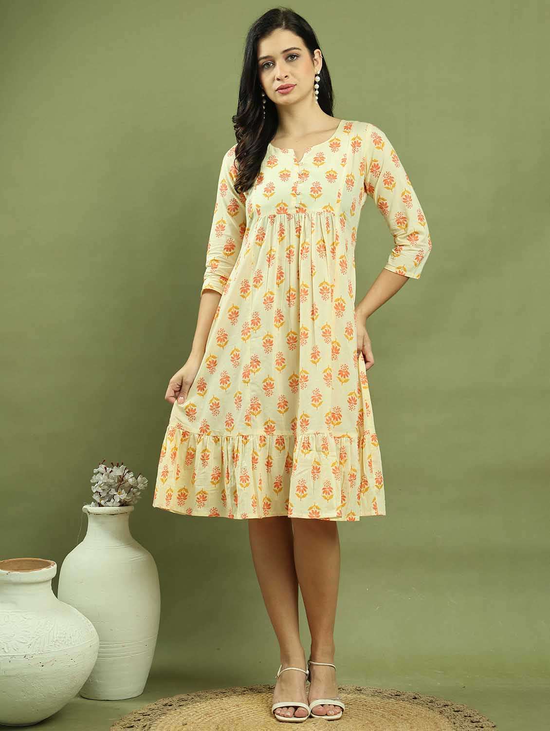 women printed three quarter sleeve tiered dress - 22146933 -  Standard Image - 2