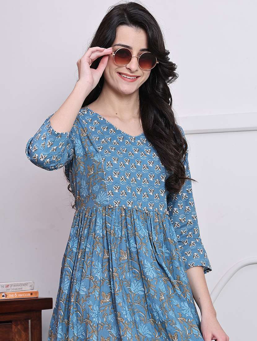 women printed three quarter sleeve a-line dress - 22146939 -  Standard Image - 2
