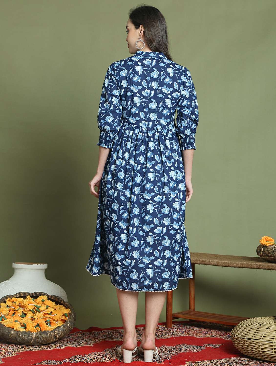 women printed three quarter sleeve a-lune dress - 22146947 -  Standard Image - 2