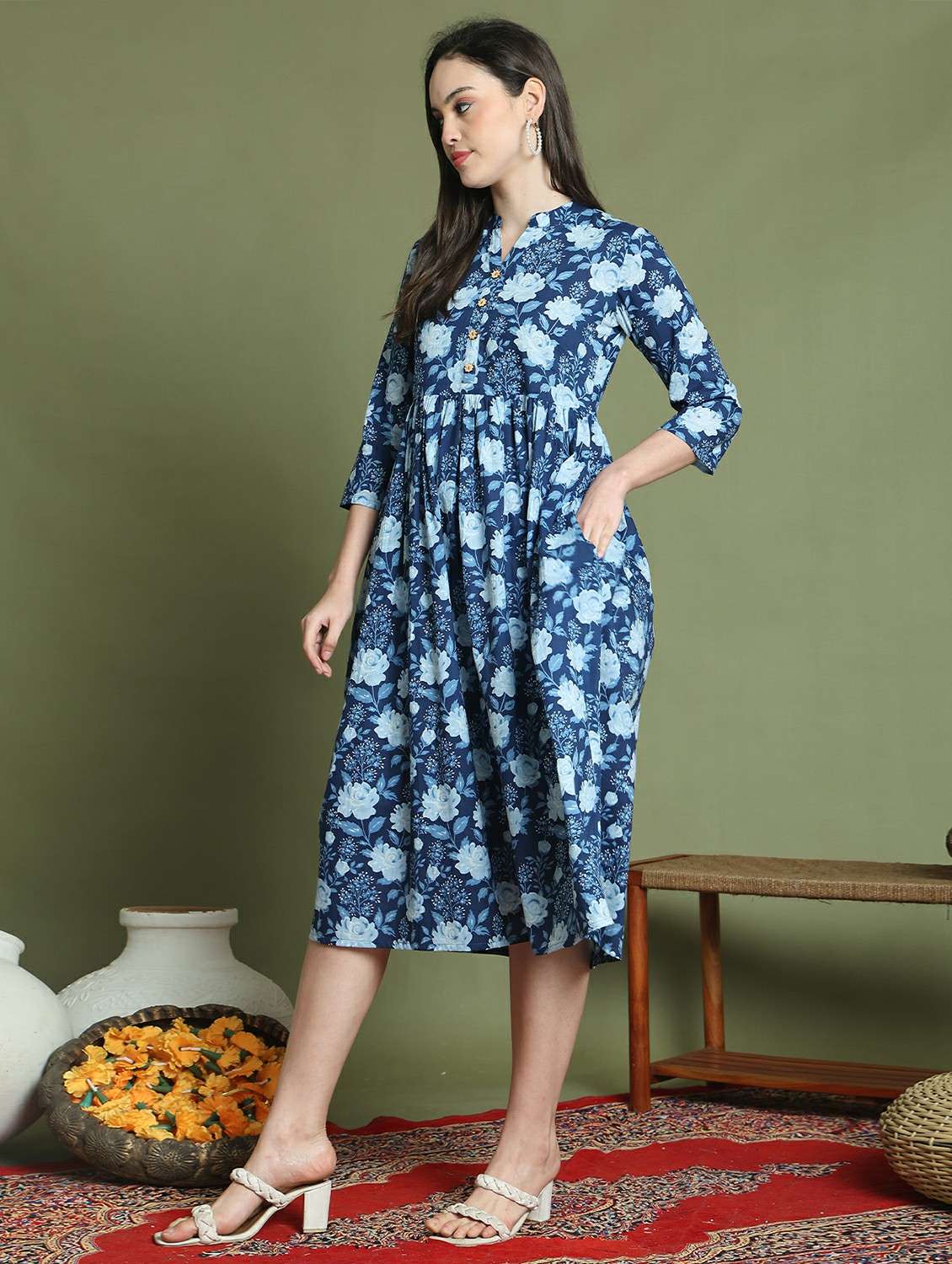 women printed three quarter sleeve a-line dress - 22146949 -  Standard Image - 2