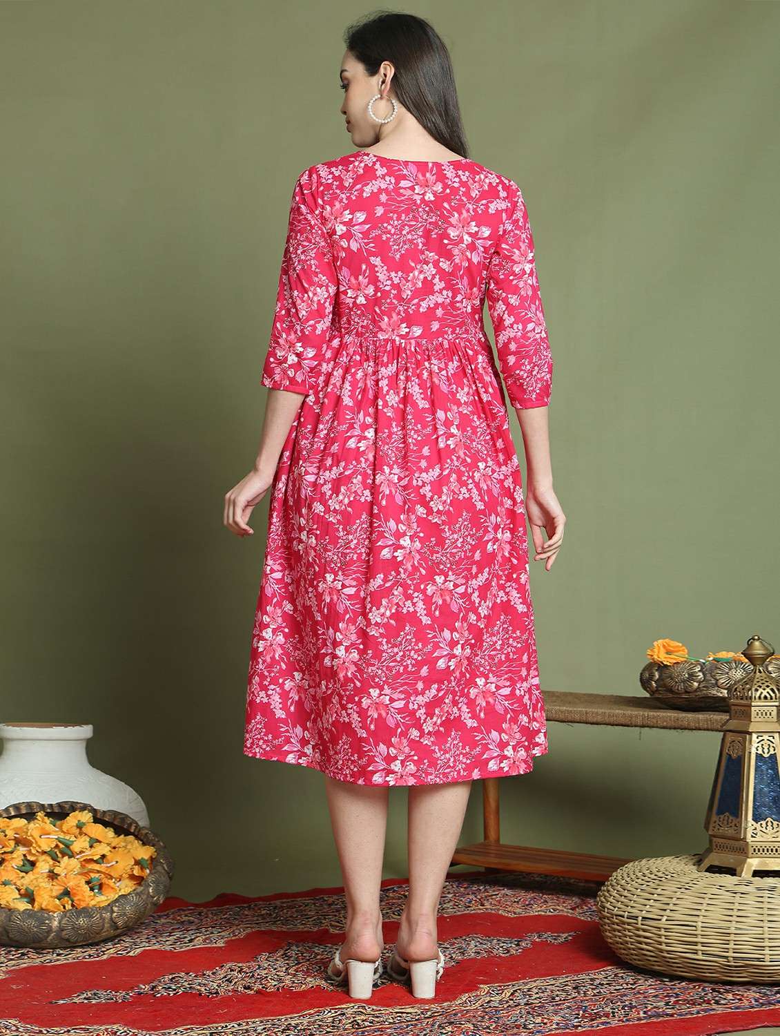 women printed three quarter sleeve a-line dress - 22146950 -  Standard Image - 2