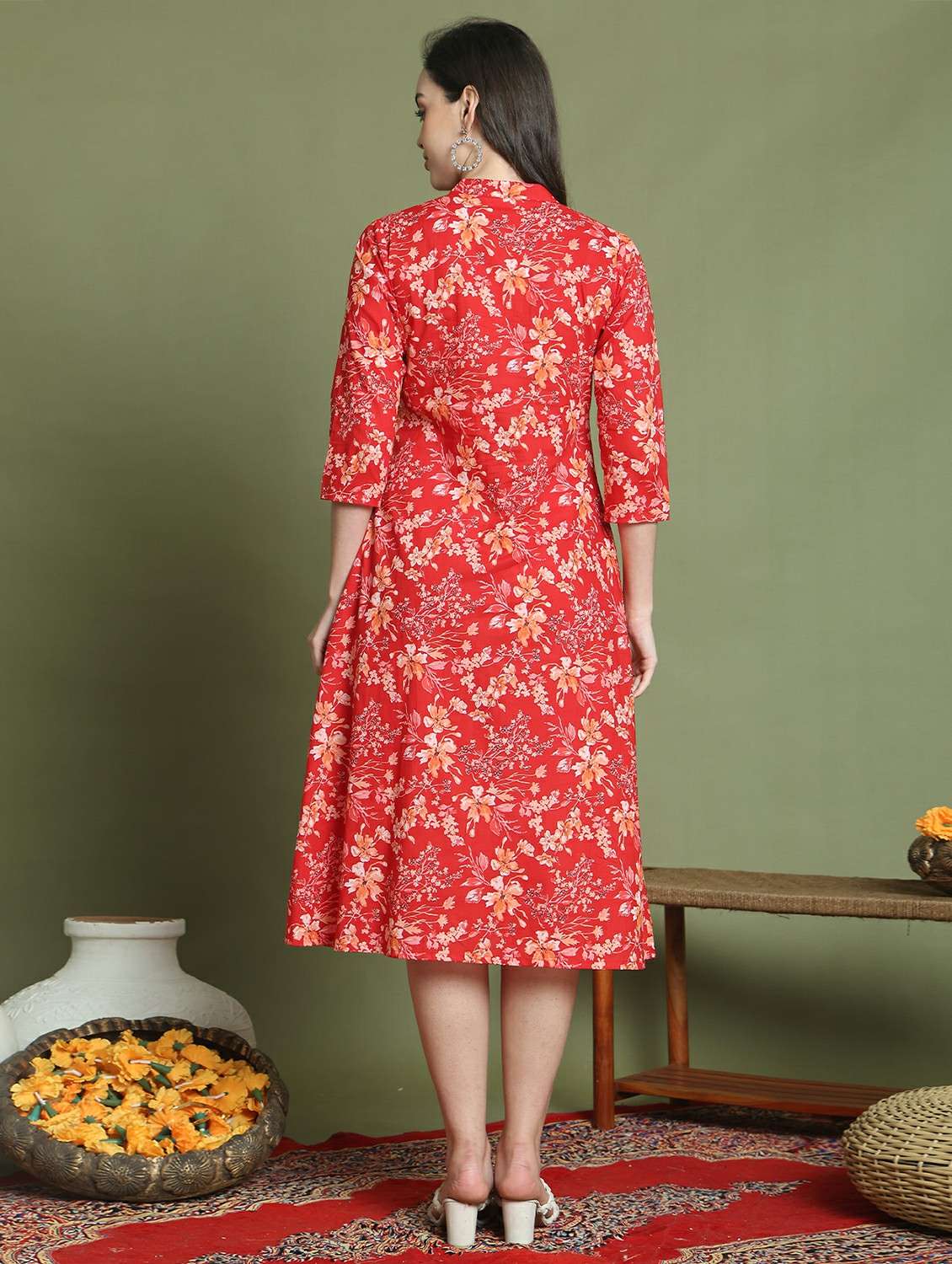 women printed three quarter sleeve a-line dress - 22146952 -  Standard Image - 2