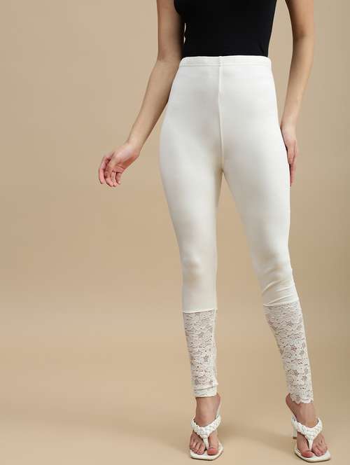 women solid mid rise lace hem legging - 22146955 -  Standard Image - 0