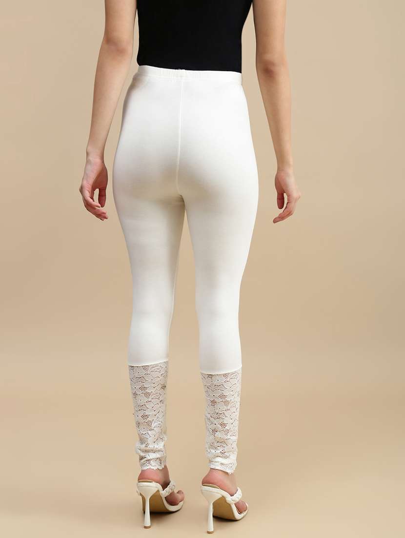 women solid mid rise lace hem legging - 22146955 -  Standard Image - 2
