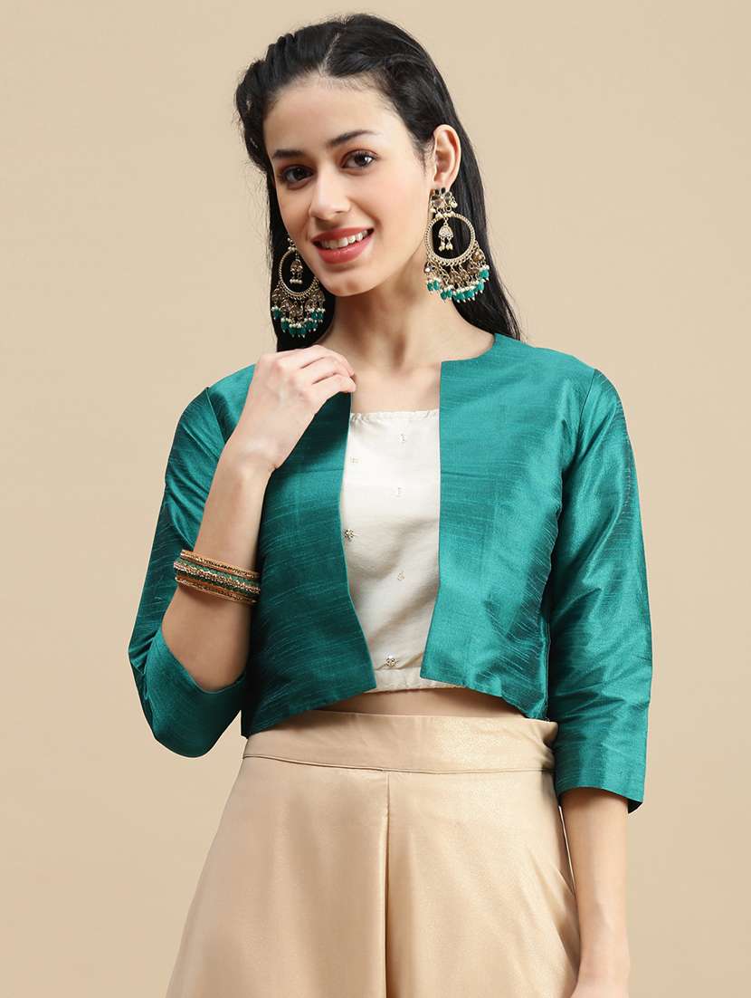 women solid three quarter sleeve ethnic jacket