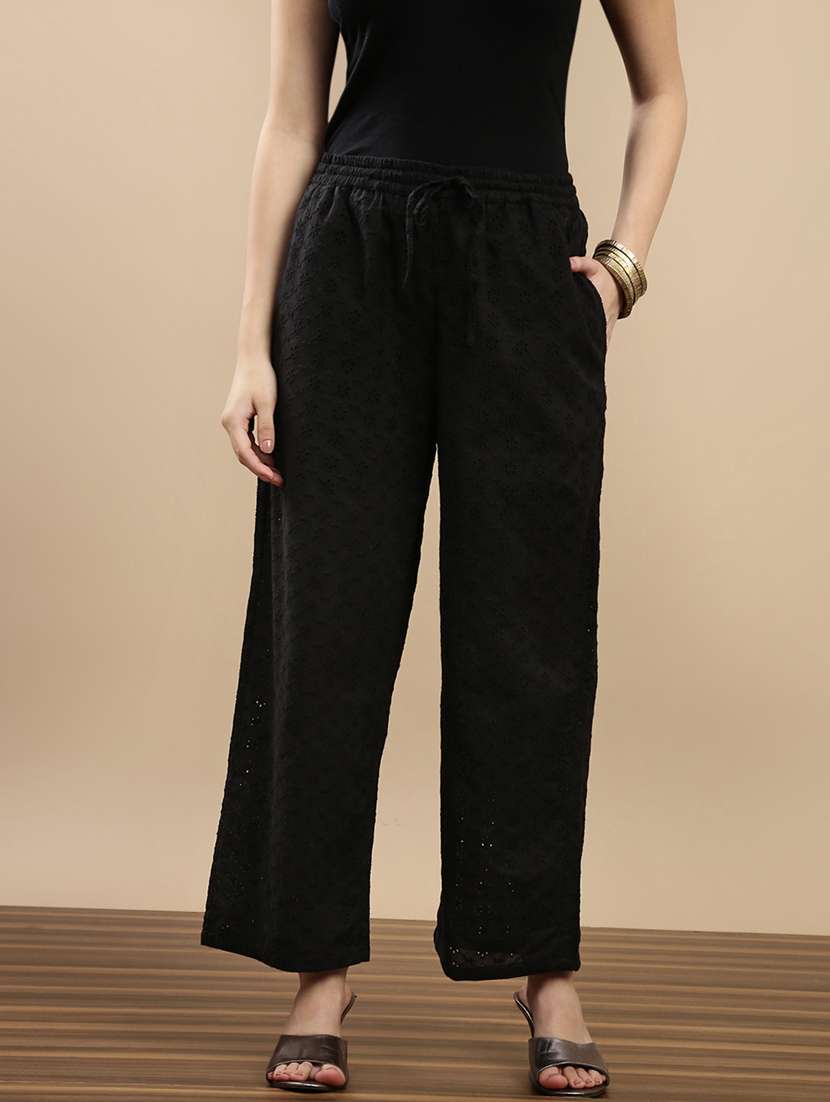 women solid high rise wide leg trouser