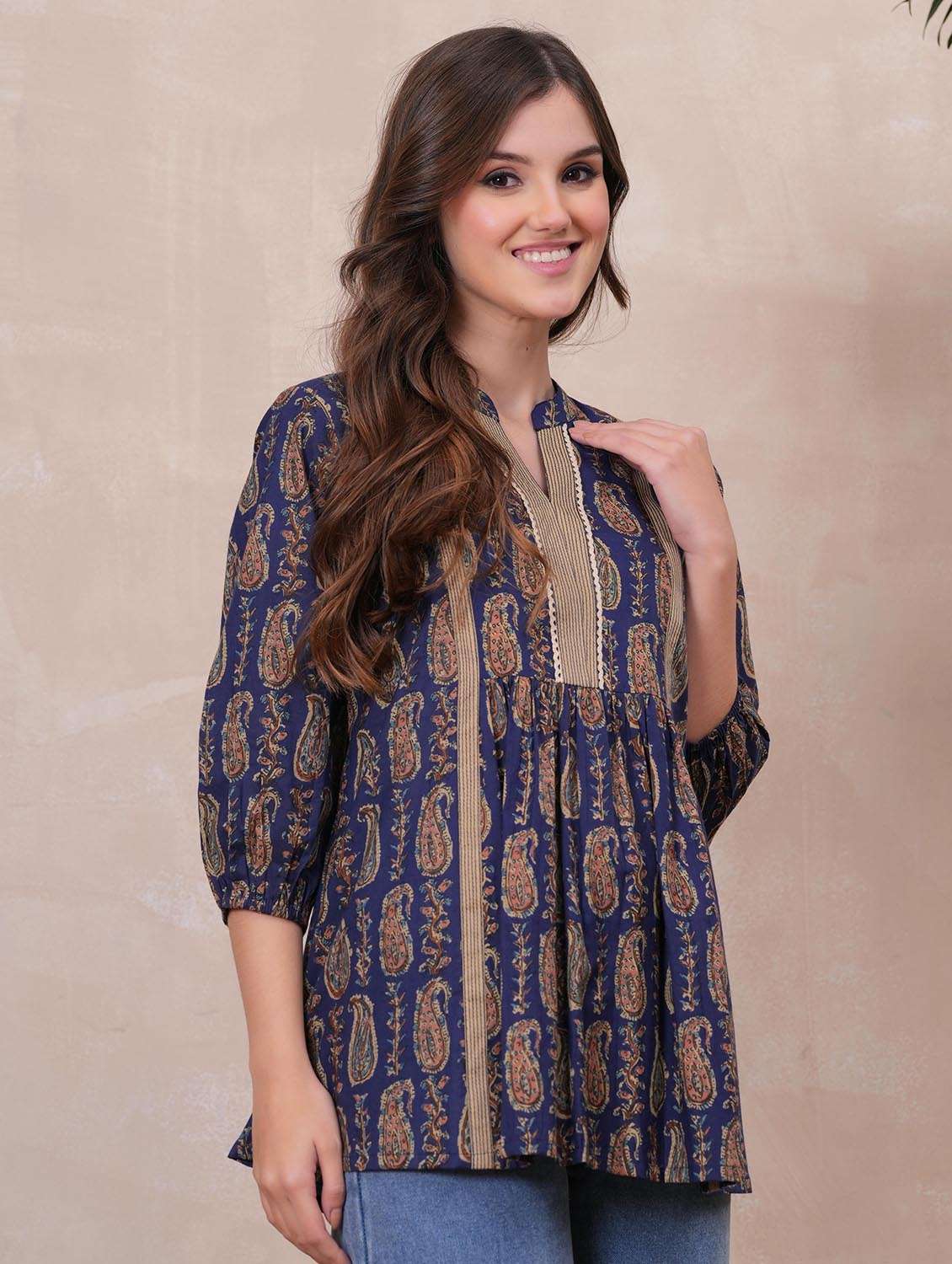 women paisley printed puff sleeve ethnic top - 22147116 -  Standard Image - 2