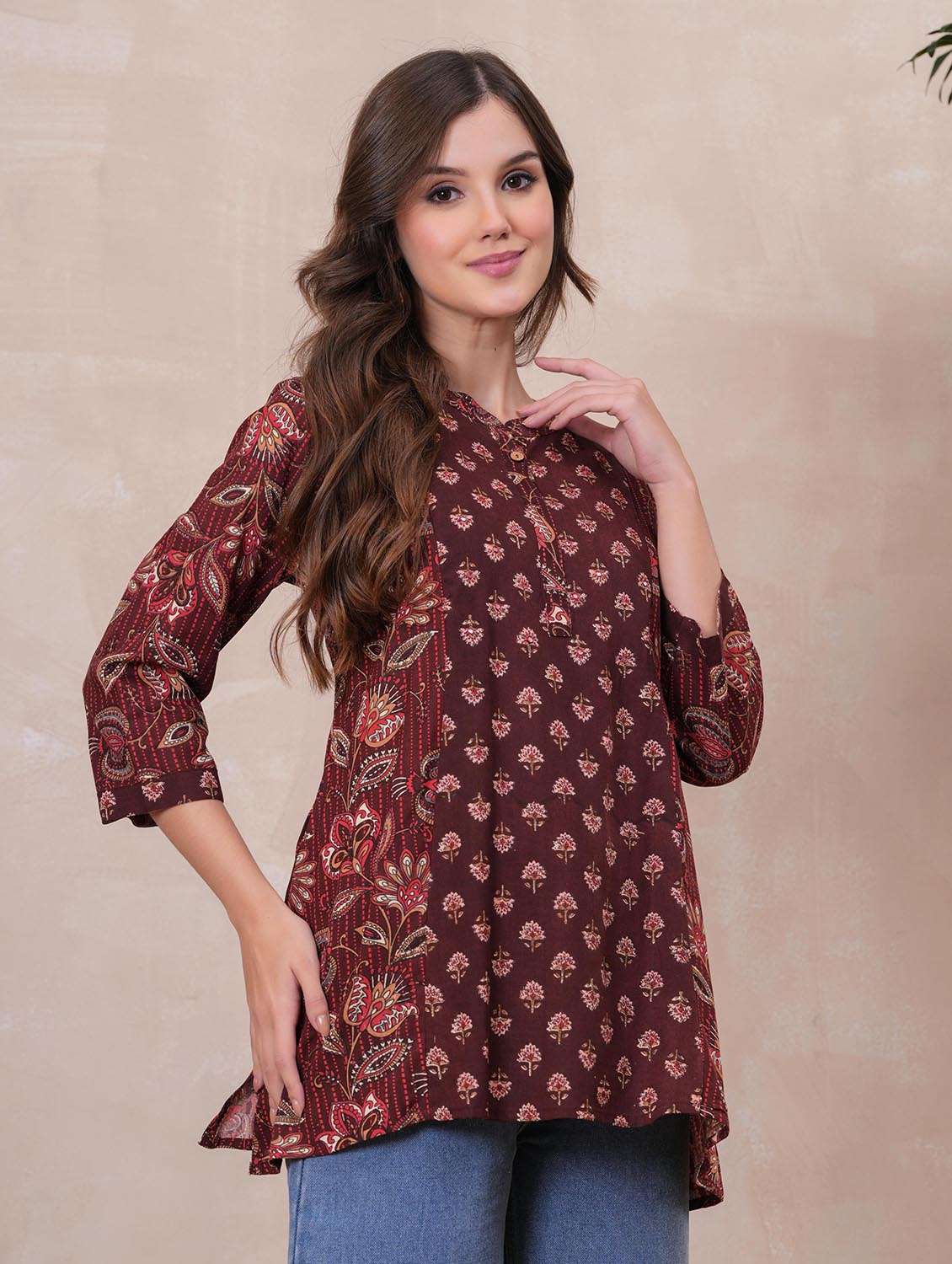 women floral printed three quarter sleeve ethnic top - 22147118 -  Standard Image - 2