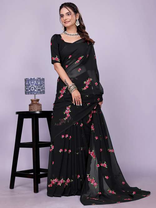 women black embroidered saree with blouse - 22147127 - Standard Image - 0