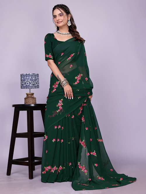 women green embroidered saree with blouse - 22147129 -  Standard Image - 0