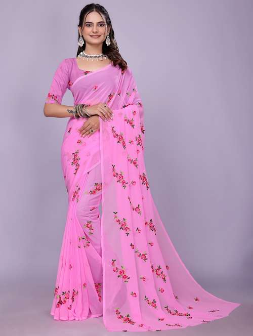 women pink embroidered saree with blouse - 22147130 -  Standard Image - 0