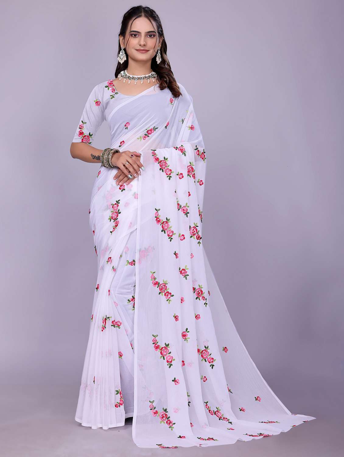 women white embroidered saree with blouse