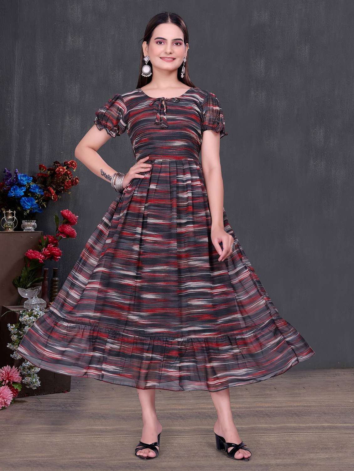 women printed puff sleeve tiered dress