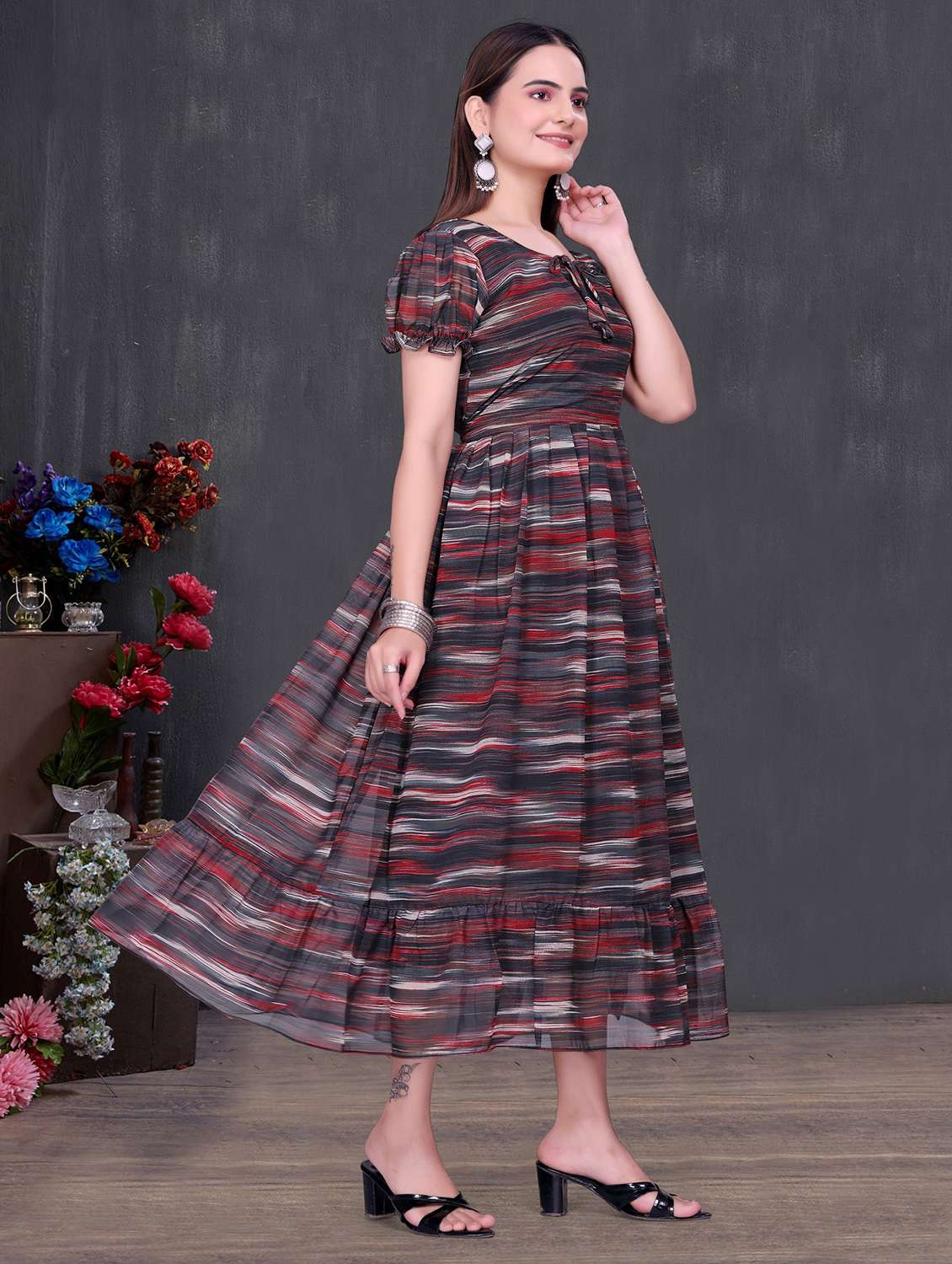 women printed puff sleeve tiered dress - 22147142 -  Standard Image - 2