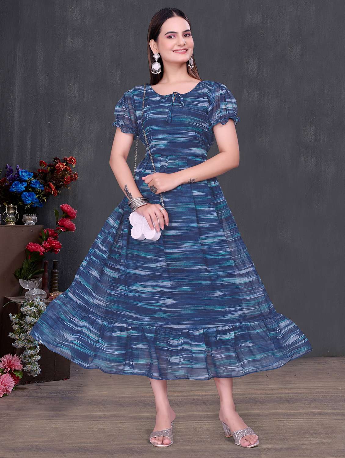 women printed puff sleeve tiered dress
