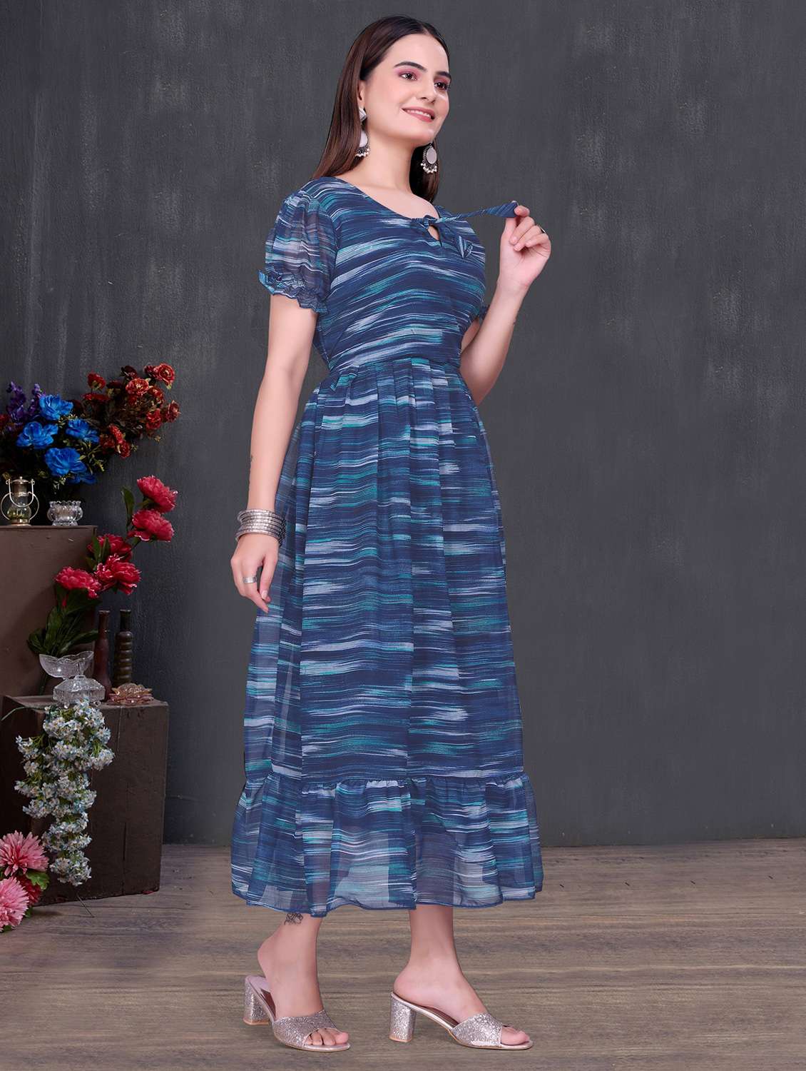 women printed puff sleeve tiered dress - 22147143 -  Standard Image - 2