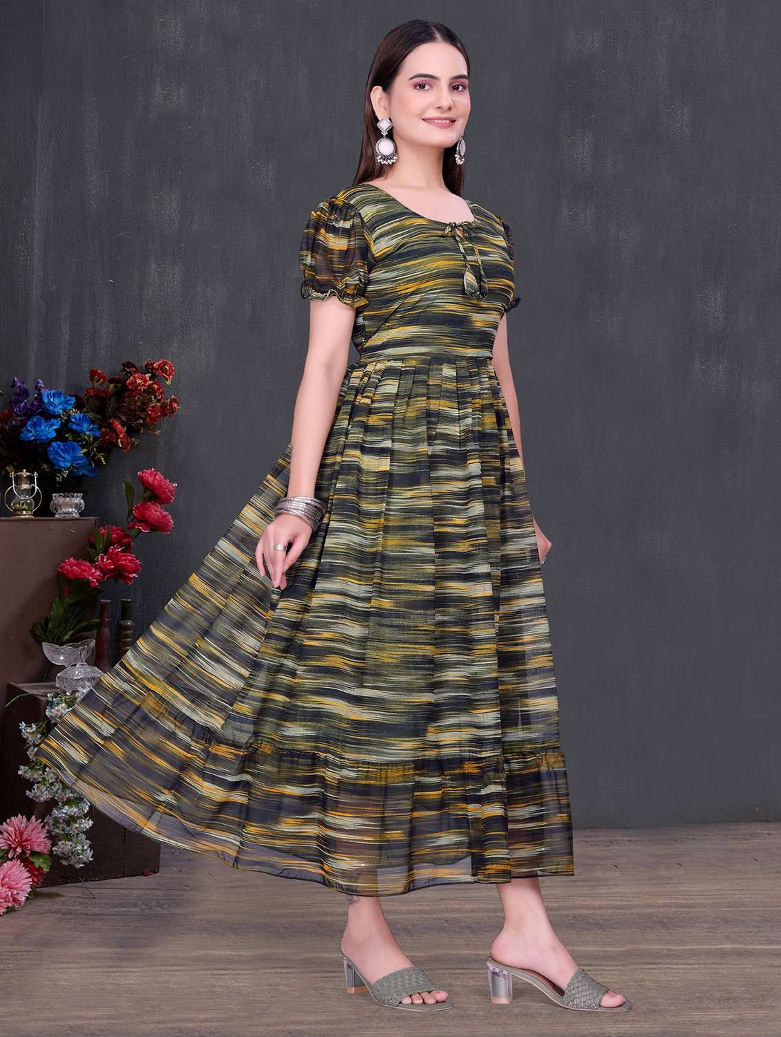women printed puff sleeve tiered dress - 22147144 -  Standard Image - 2
