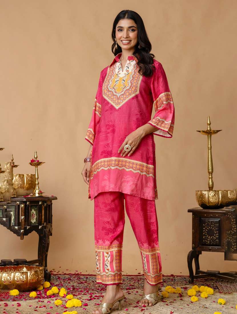 women three quarter sleeve regular fit ethnic co-ord set - 22147205 - Standard Image - 2