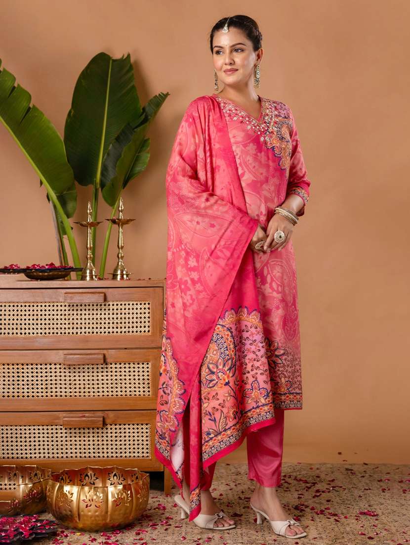 women printed three quarter sleeve kurta pant with dupatta set - 22147206 -  Standard Image - 2