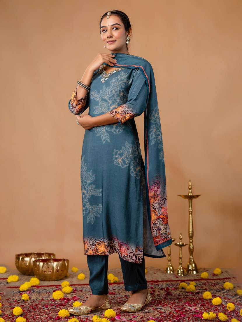 women printed three quarter sleeve kurta pant with dupatta set - 22147210 -  Standard Image - 2
