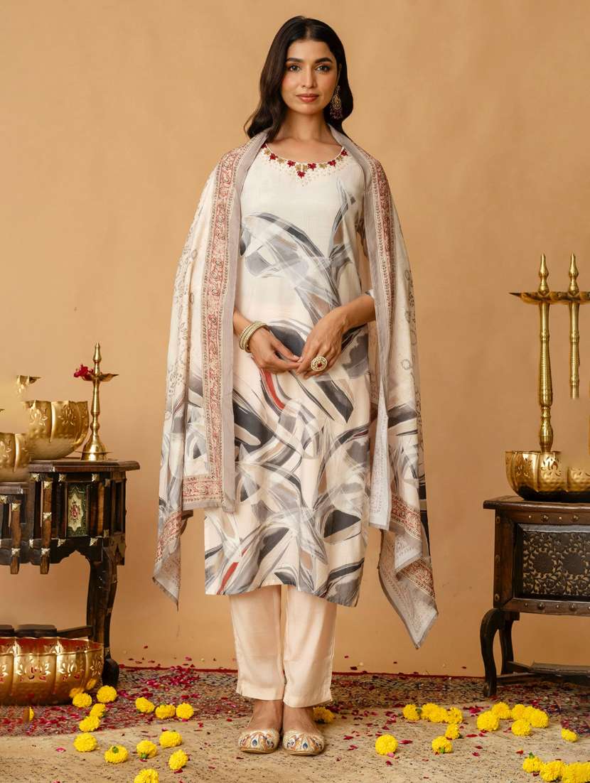 women printed three quarter sleeve kurta pant with dupatta set - 22147213 -  Standard Image - 2
