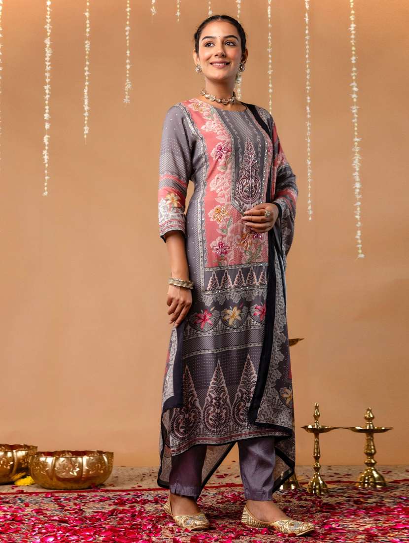 women printed three quarter sleeve kurta pant with dupatta set - 22147214 -  Standard Image - 2