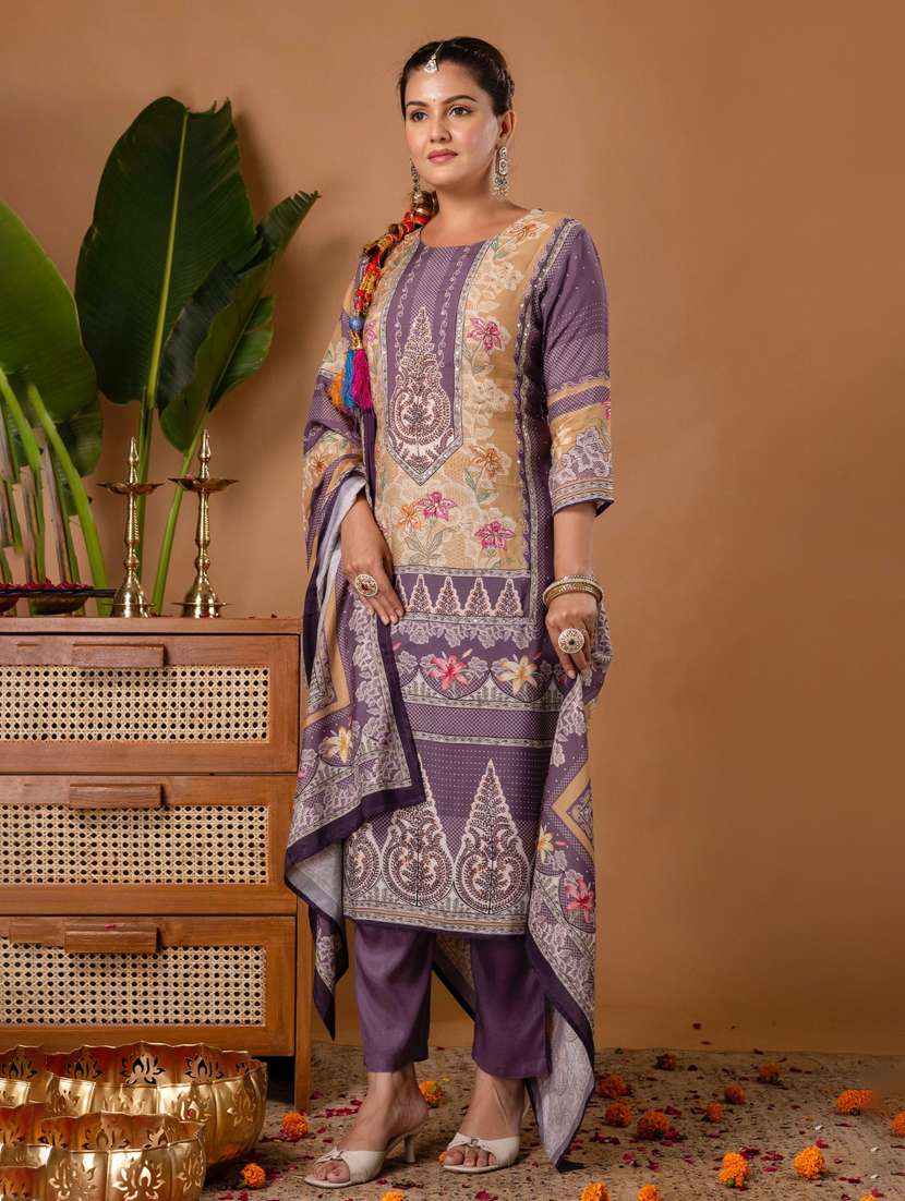 women printed three quarter sleeve kurta pant with dupatta set - 22147215 -  Standard Image - 2