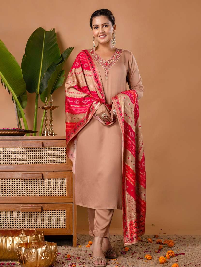 women embroidered three quarter sleeve kurta pant with dupatta set - 22147216 -  Standard Image - 2