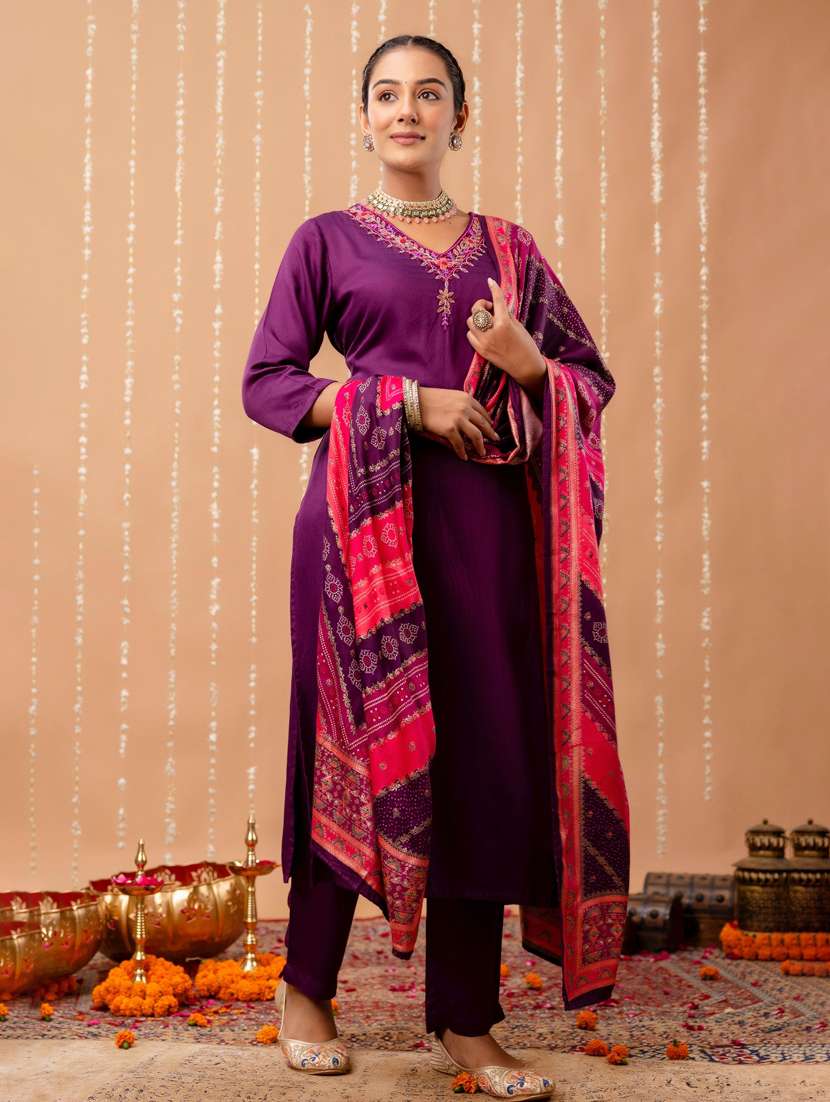 women embroidered three quarter sleeve kurta pant with dupatta set - 22147217 -  Standard Image - 2