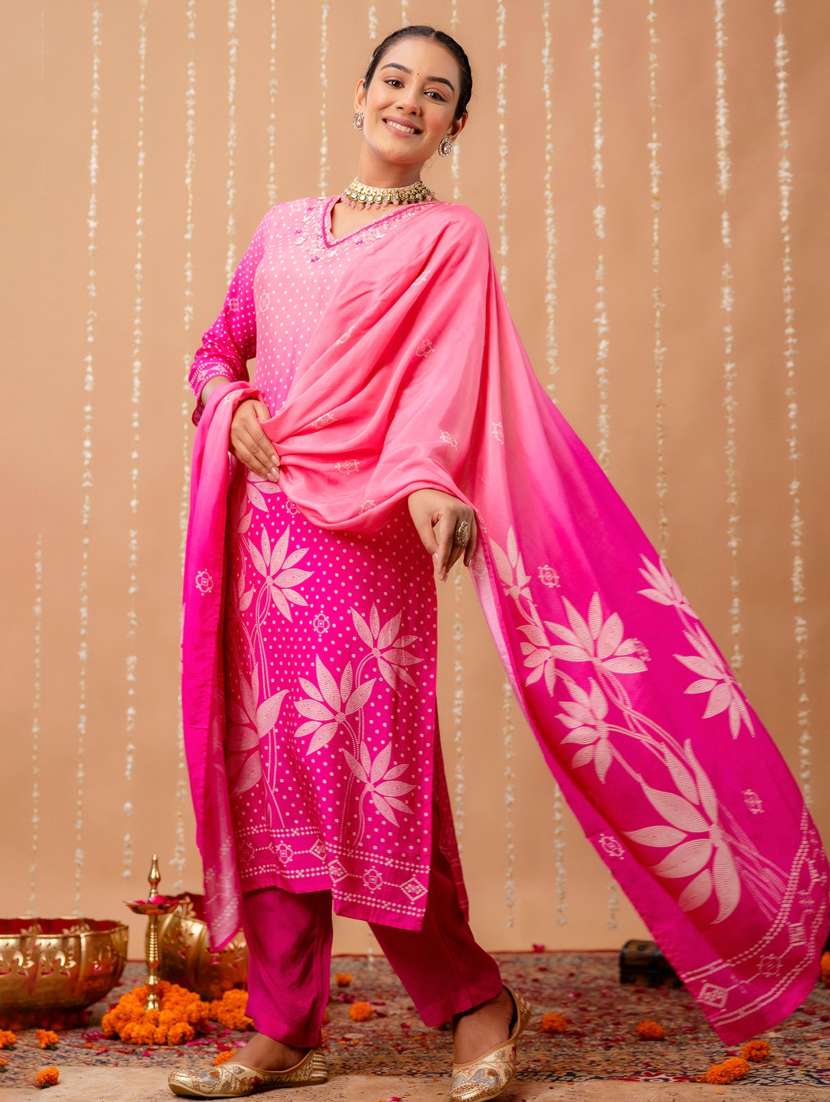 women bandhani three quarter sleeve kurta pant with dupatta set - 22147218 -  Standard Image - 2