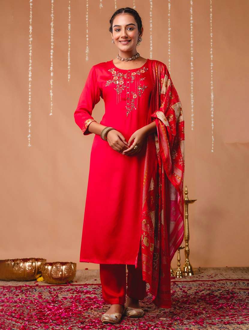 women embroidered three quarter sleeve kurta pant with dupatta set - 22147224 -  Standard Image - 2