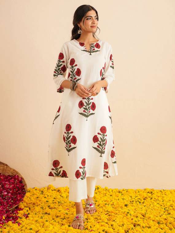 women floral three quarter sleeve kurta palazzo set - 22147251 -  Standard Image - 2