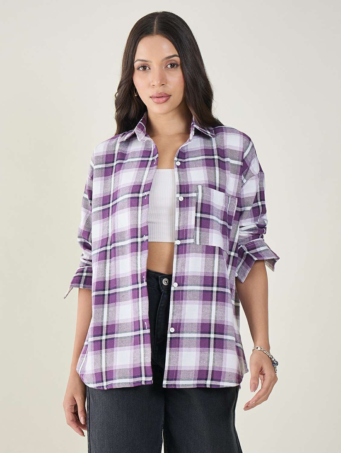 women checkered long sleeve oversized shirt