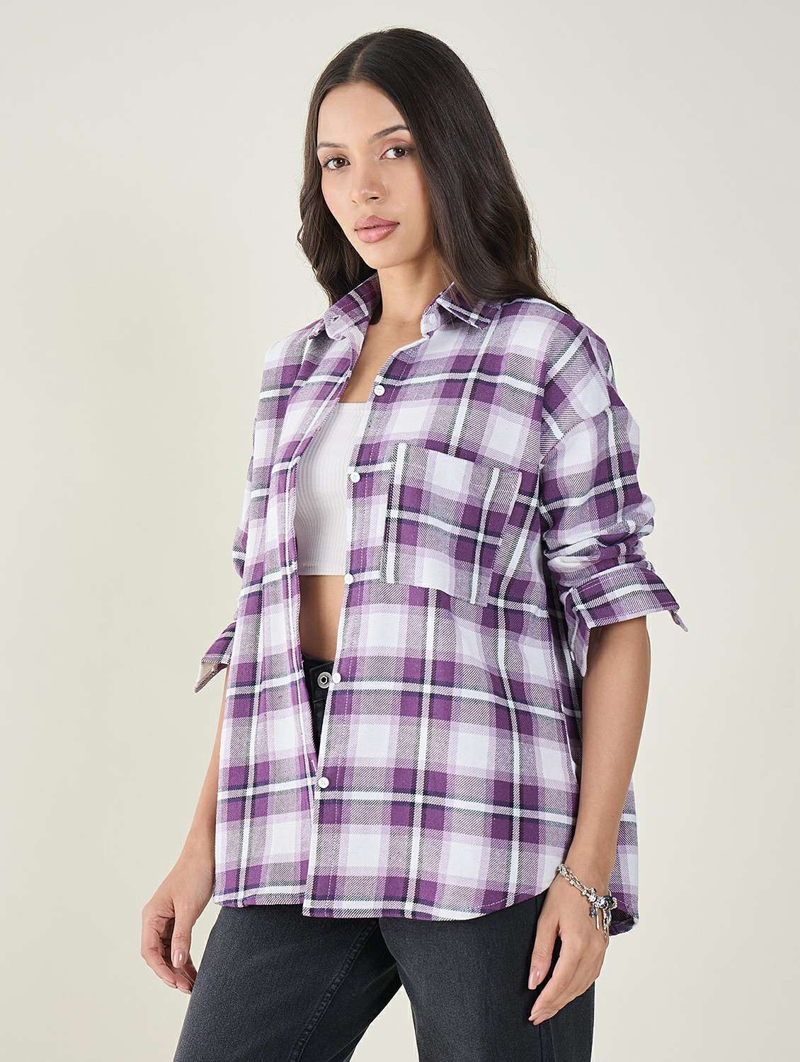 women checkered long sleeve oversized shirt - 22147435 - Standard Image - 2