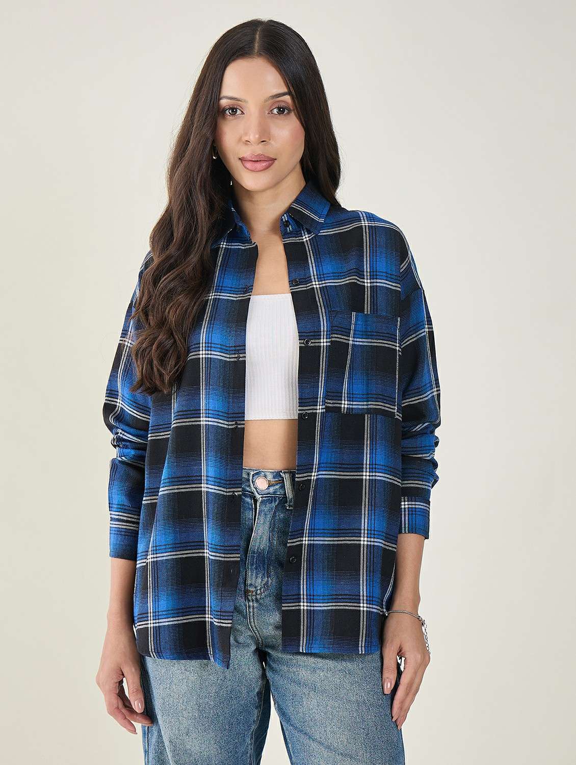 women checkered long sleeve oversized shirt