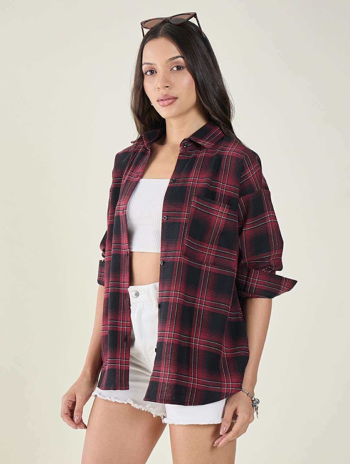 women checkered long sleeve oversized shirt - 22147440 -  Standard Image - 2